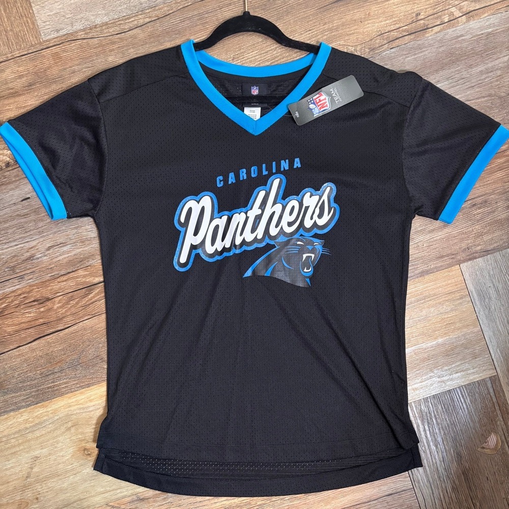 NFL Team Apparel Girls Carolina Panthers Mesh Jersey Shirt Black Blue Size M 7/8